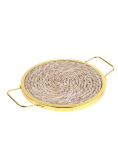 Buy A serving tray made of wicker with an elegant golden round steel frame in Saudi Arabia