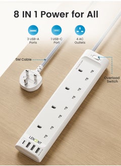 اشتري شرائح الطاقة سلك تمديد 3 منافذ مقبس طاقة مع 3 منافذ USB-A و1 USB-C، توصيلات كهربائية مع سلك تمديد مجدول 5 أمتار للمكتب المنزلي، 3250 وات 13 أمبير في السعودية