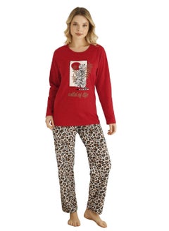 Buy Women's 2-Piece Sleepwear Loungewear Top and Pants Turkish Cotton Pajama Set Red in UAE