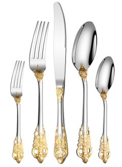 Buy 5 Piece Stainless Steel Flatware Set, Royal Silver Tableware Set with Gold Accents, Advanced Family Dinnerware Set for Family Gatherings and Daily Use, Spoons, Knives, Teaspoons, Forks in Saudi Arabia