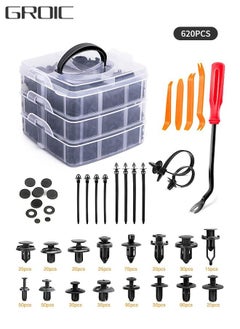 اشتري 620 PCs Car Retainer Clips & Plastic Fasteners Kit, 16 Most Popular Sizes Nylon Bumper Fender Rivets with 10 Cable Ties， Fasteners Remover and Sound Insulation Cotton for Car في السعودية