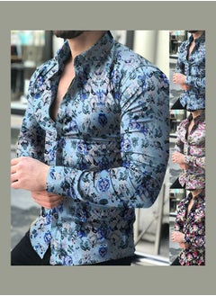 Buy Casual Men Floral Print Slim Fit Long Sleeve Button Turn Down Collar Shirt Top Navy Blue in Saudi Arabia