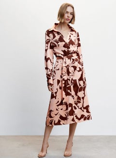 Buy Floral Print Belted Button Down Dress in Saudi Arabia