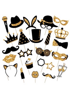 Buy 24-Piece Golden Party Photo Booth Props - Perfect for Birthdays, Weddings, Graduation, Prom, and New Year Celebrations - Mix of Hats, Lipstick, Ties, and Crowns - Fun Party Supplies in UAE