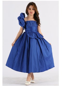 Buy Girls' blue evening dress, medium length, of shantoon material, one sleeve in Saudi Arabia