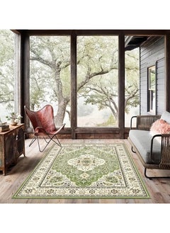 Buy Persian Floral Medallion Area Rug - Large Distressed Living Room Rug, Soft Non-Slip Washable Low-Pile Bedroom Mat Floor Accent Carpet For Entryway Dining Room Office in UAE