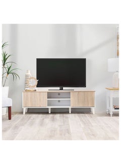 اشتري Juno TV Cabinet For Up To 55 Inches TV Entertainment Modern Design Wall Unit Furniture Wooden TV Stand For Living Room Bedroom TV Rack L152xW40xH49 cm White/Sonoma Oak في الامارات