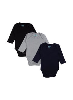 Buy 100% Super Soft Cotton, Long Sleeves Romper/Bodysuit, for New Born to 24months. Set of 3 - Black, Navy,Grey in UAE