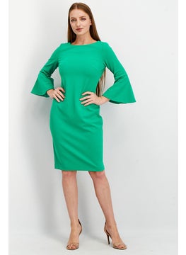 اشتري Women Round Neck Bell Sleeve Solid Midi Dress, Green في الامارات