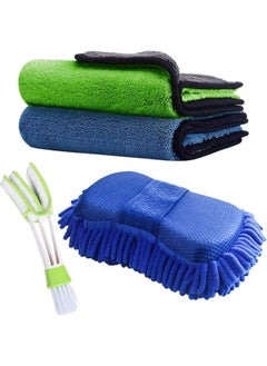 Buy Car Cleaning Kit 4 Pcs Set Microfiber Cleaning Cloths Car Drying Towel, Washing Sponge, Car Detailing Brush for Car Polishing Cleaning Highly Absorbent Lint Free Wash Cloth Double-layer in UAE