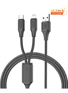 اشتري 6A 2-in-1 USB A to Type-C & Lightning Fast Charging Nylon Braided Cable for iPhone 16/15 Series, iPhone 14/13/12/11, Xiaomi, Samsung, Realme, POCO, Huawei & More - Universal Compatibility for All USB-C and Lightning Devices-(1.2M- Black) في الامارات