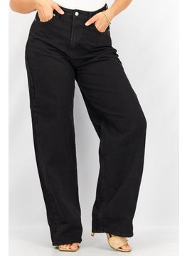 Buy Women Regular Fit Wide Leg Solid Denim, Black in Saudi Arabia