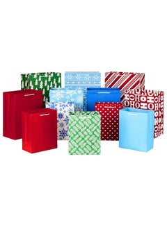 Buy Bags Assorted Sizes (12 Bags 5 Medium 8" 4 Large 11" 3 Extra Large 14") Red Blue Green Solids Snowflakes Stripes (0005Xgb1408) in UAE