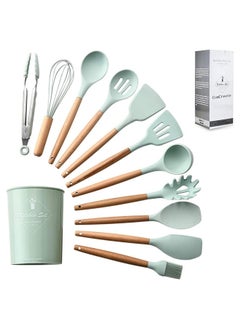 اشتري Silicone Cooking Kitchen 12PCS Wooden Utensils Tool for Nonstick Cookware, Set with Bamboo Wood Handles Cookware Non-Toxic Turner Tongs Spatula Spoon Green BD-AMZ-14 في الامارات