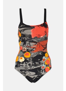 اشتري Women One Piece Textured Swimwear, Black and Orange في السعودية