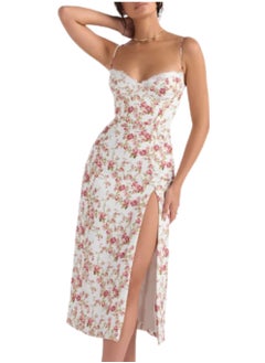 Buy women's dresses Flower Print Beige Bodycon sleeveless in UAE