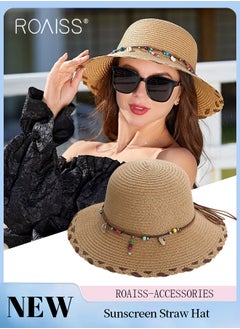 Buy Braided Trim Wide Brim Hat Shell Beads Decor Sun Protection Vacation Fashion Straw Hat for Women Summer Beach Foldable Cap Khaki in Saudi Arabia