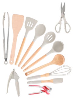 Buy Kitchen Utensils Silicone 12-Pieces Spatula Set with Scissor, Non-Stick Cookware Non-Toxic Cooking Tools Includes Tongs, Spatula, Turner, Ladle, and More (Grey) in UAE