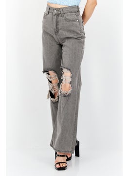 Buy Women Wide Leg Ripped Non Stretchable Jeans, Grey in Saudi Arabia