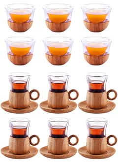 Buy 18-Piece Of Tea And Coffee Cups, Double Glass, Wood Base, With Saucer Set in Saudi Arabia