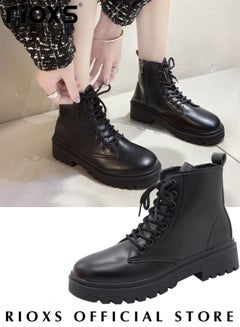 Buy Women's Fashion Ankle Boots Casual Side Zipper Lace Up Round Toe Low Heel Booties Shoes in UAE
