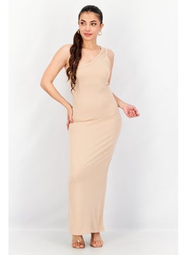 Buy Women Solid Asymmetrical Neckline Midi Dress, Beige in Saudi Arabia