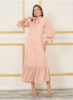 Buy Texture Self Tie Up Neck Ruffle Hem Shirt Midi Dress in Saudi Arabia