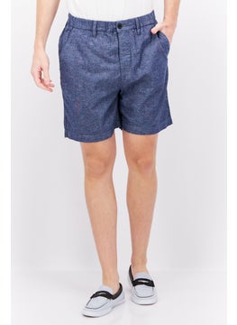 Buy Men Chambray Linen Basic Shorts, Navy Blue in UAE