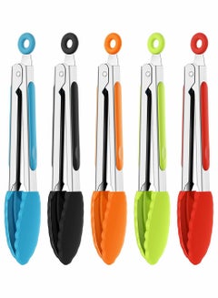 Buy 7 Inch Silicone Tongs, Mini Kitchen Tongs With Silicone Tips Small Serving Tongs Stainless Steel Cooking Tongs For Salad, Grilling, Frying And Cooking (Black, Red, Blue, Orange, Green, 5 PCS) in UAE