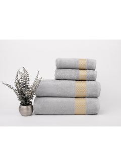 Buy 4 Piece Bathroom Towel Set - ARROW JACQUARD - 500 GSM - 100% Cotton Terry - Jacquard Border- 2 Bath Towel 70X140 cm & 2 Hand Towel 50x90 cm- Luxury Touch - Extra Absorbent-Silver in UAE