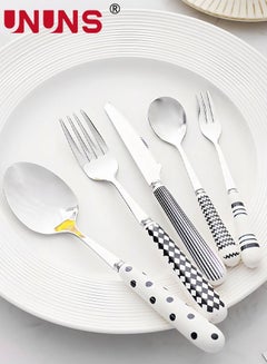 Buy 5 PCS Flatware Set with Fork and Spoon Ceramics Handle, 410 Stainless Steel Flatware Set, Silverware Cutlery Set, Utensils Set Basics Tableware,Mirror Finish, Dishwasher Safe in UAE