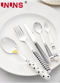 اشتري 5 PCS Flatware Set with Fork and Spoon Ceramics Handle, 410 Stainless Steel Flatware Set, Silverware Cutlery Set, Utensils Set Basics Tableware,Mirror Finish, Dishwasher Safe في السعودية