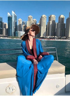 Buy Summer Long Kaftan Bohemian Beach Kimono Swimsuit Cover Up Plus Size Dress for Women Sunscreen cardigan Length: 140cm (Blue) in Saudi Arabia