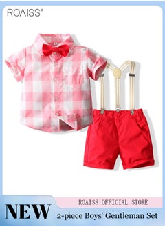 Buy 2-piece Boys' Gentleman Set Checkered Short Sleeved Shirt and Strap Shorts (With a Small Bow Tie As a Gift) in Saudi Arabia