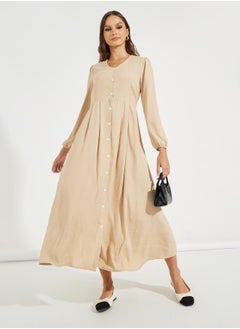 Buy Solid Button Detail Long Sleeve Midi Dress in Saudi Arabia