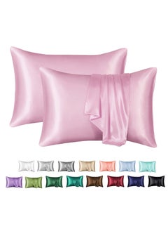 Buy 2-Piece Simple Solid Colour Silk Satin Pillow Case with Envelope Closure for Hair and Skin Pink 51x76/51x102cm in UAE