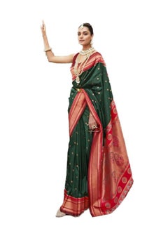 Buy Green Silk Saree With Red Border Plus Contrast Silk Unstitched Blouse in UAE