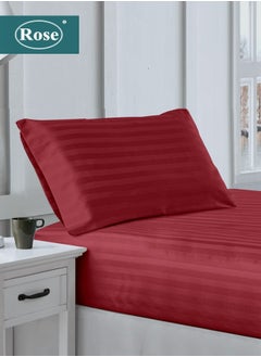 Buy Rose Luxurious Hotel Stripe Fitted Sheet with Deep Pockets and Pillow Case, Bed Sheet 2-Pieces Set, Soft & Silky Microfiber Fabric, Breathable and Cooling (Extra Twin Size 120X200+35 cm - Burgundy) in Saudi Arabia