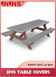 Buy Picnic Table And Bench Fitted Tablecloth Cover,3-Piece Set,Flannel Backing Elastic Edge Waterproof Wipeable Plastic Cover Vinyl Tablecloth For Home Goods Indoor Outdoor Patio in UAE