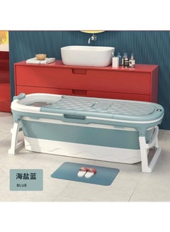 Buy Jumbo portable bathtub with thermometer and sponge pillow blue in Saudi Arabia