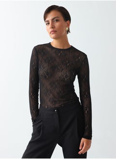 Buy Women's Polyamide Transparent Lace Blouse Slim Fit Black in UAE