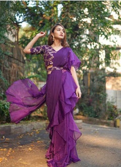 Buy Stylish Fancy Designer Purple Ruffle Ready To Wear Stitched Saree With Stitched Blouse in UAE