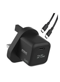 Buy Stout Gan Travel Charger With Single PD Port 25 W, Type C To C Cable / UK 3 pin plug / Over voltage protection / Unique design - Black in UAE