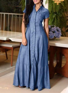 Buy Women's Casual Denim Shirt Dress Loose Fit Button Closure Denim Dress With Pockets On Both Sides Lightweight Long Dress in UAE