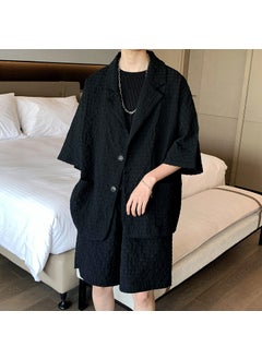 اشتري Summer Waffle Suit Mens Casual Trendy Blazer  Shorts Set Black في الامارات