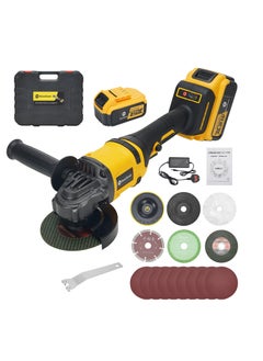 Buy 21V Cordless Angle Grinder Kit with Brushless Electric Motor, including 2pcs 4.0 AH Batteries,Fast Charger, Easy Handle with Cutting Disc and Grinding Disc in Tool Box in UAE