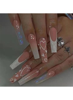 Buy Press on Nails, 24PCS Glossy French Tips Square Shape Glue on Nails, Cute Flower Glitter Sequins Gradient Pink Full Cover Fake Nails with Designs, Acrylic False Nails for Women Girls DIY Manicure in UAE