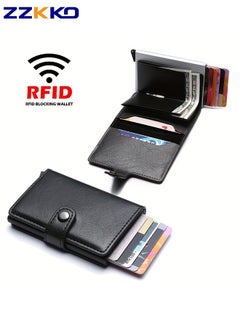 Buy Men's RFID Blocking Business Card Holder Aluminum Alloy PU Credit Card Metal Card Holder One-Click Pop-Up Anti-Theft Brush Wallet Large-Capacity Coin Purse With Multiple Card Slots in Saudi Arabia