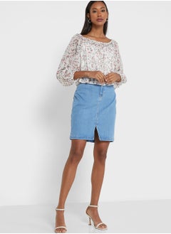 Buy Button Detail High Waist Denim Skirt in UAE