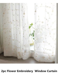 Buy 2-Piece Flower Embroidery Window Curtain Net Curtain Cotton And Linen Off-White 240 x 150 Centimeter in UAE